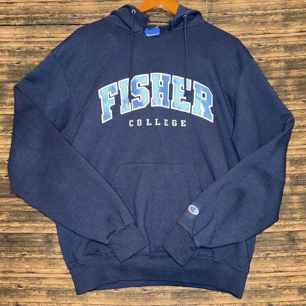 Fisher College Champion Hoodie Mid 2000s Blue Size M Cotton Blend Cut Collar